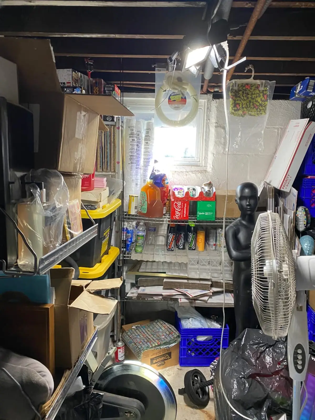 Selling a house in a flood zone in Babylon: basement shelving crowded with bins and household items